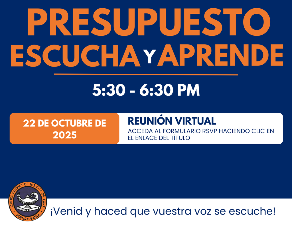 Event announcement for "Budget Listen and Learn" Virtual Meeting on October 22, 2025, in York, PA. Join to share your input!