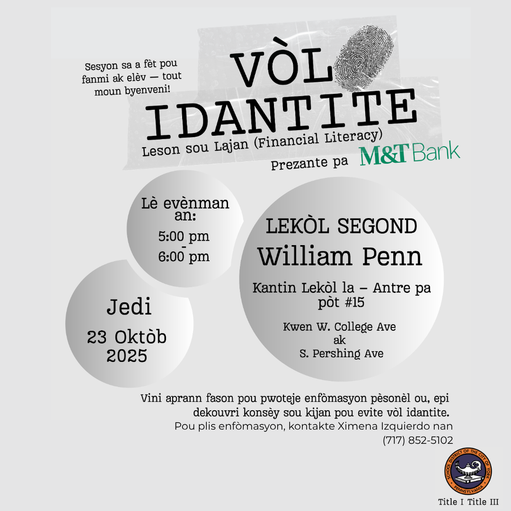 Graphic for an Identity Theft workshop at William Penn Senior High School on October 23, 2025, from 5-6 PM, hosted by M&T Bank.
