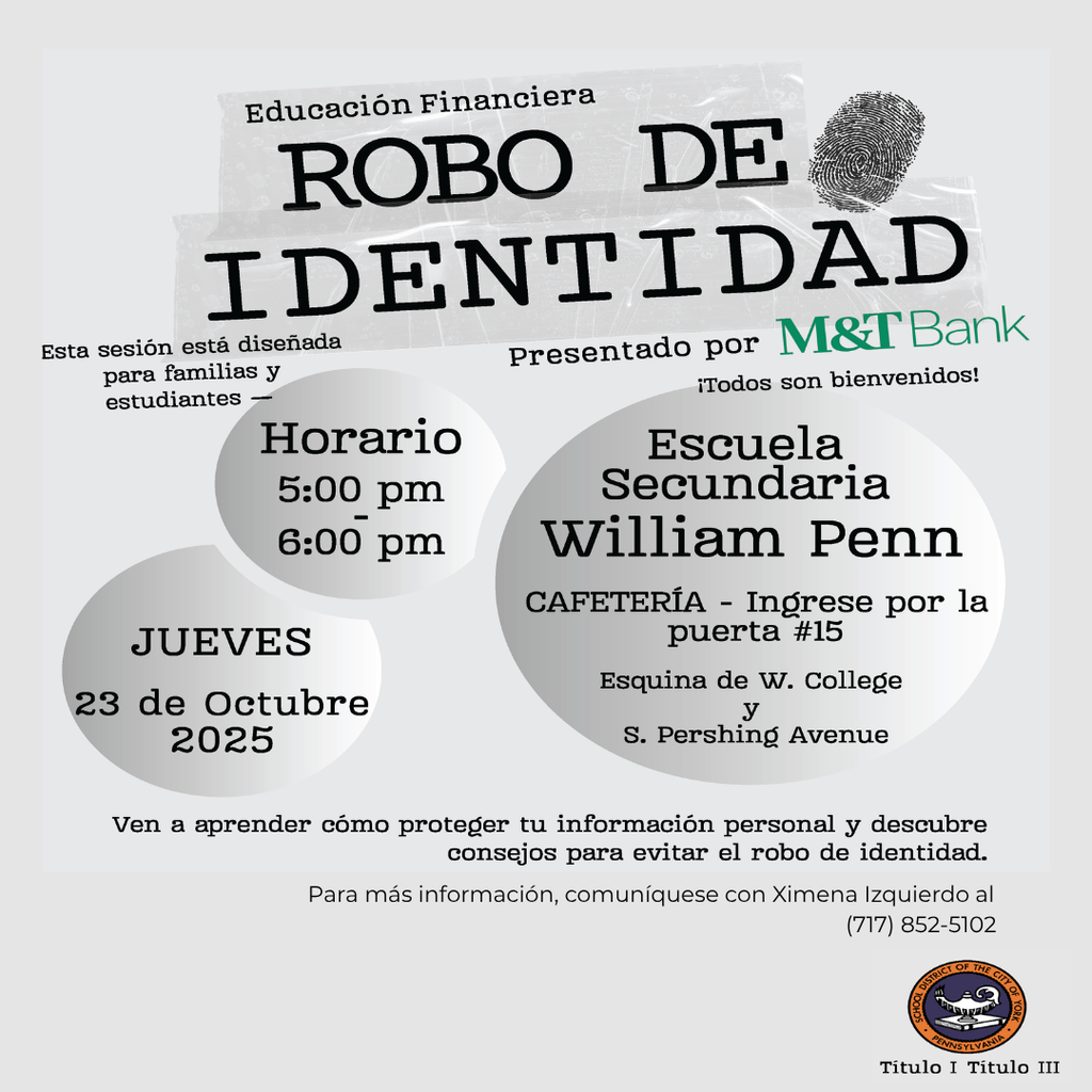 Graphic for an Identity Theft workshop at William Penn Senior High School on October 23, 2025, from 5-6 PM, hosted by M&T Bank.