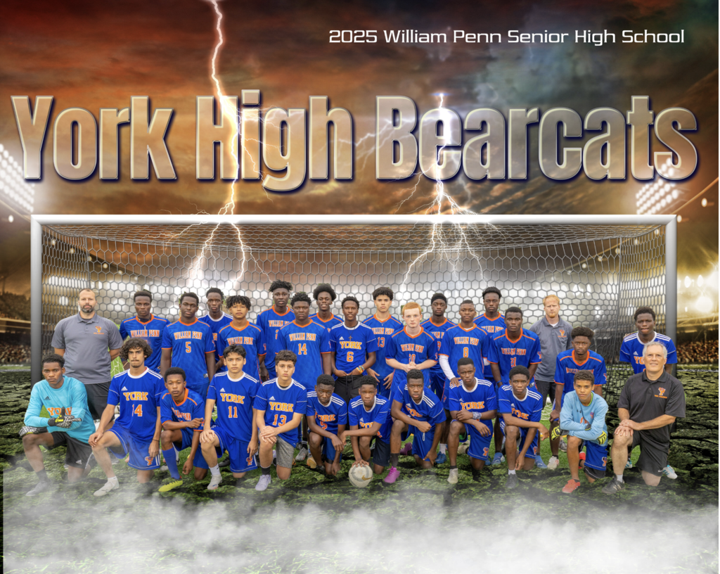The York High Bearcats soccer team posing in blue uniforms in front of a goal. Dramatic background with stadium lights and lightning, text at top that says "2025 William Penn Senior High School York High Bearcats"