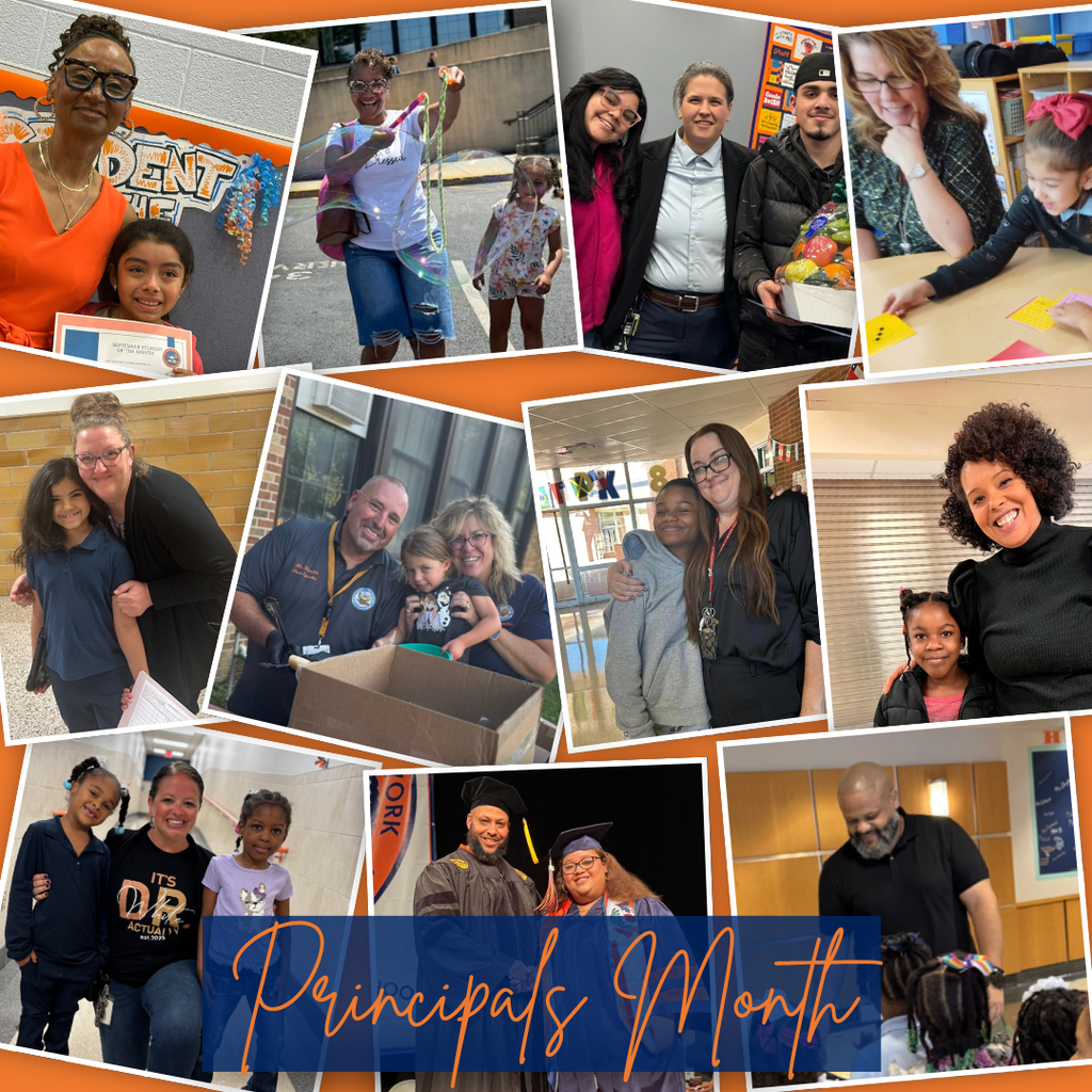 A collage for Principals Month showing diverse principals celebrating with students, some hugging and smiling, capturing warmth and community spirit.