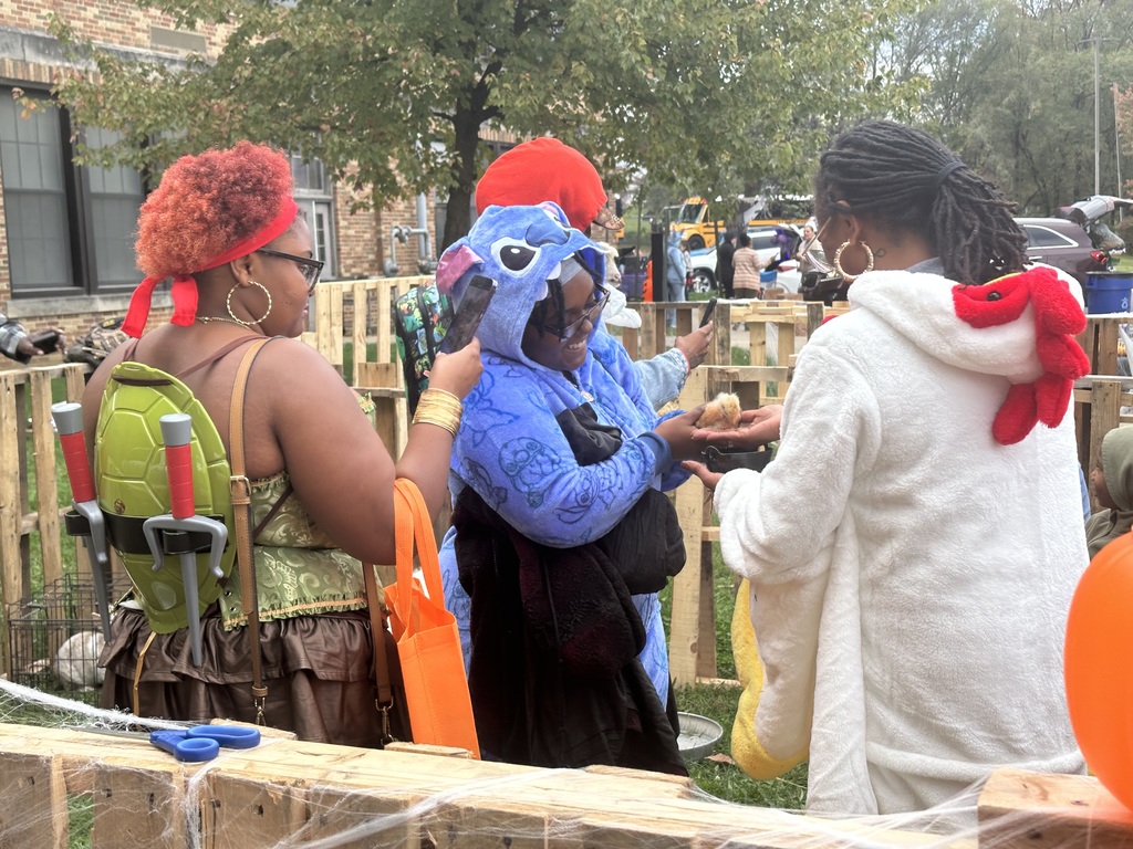 Three people in colorful costumes are interacting joyfully outdoors. One person is wearing a turtle shell, another person is wearing a blue creature onesie, and the third person is wearing a white outfit with red accents.