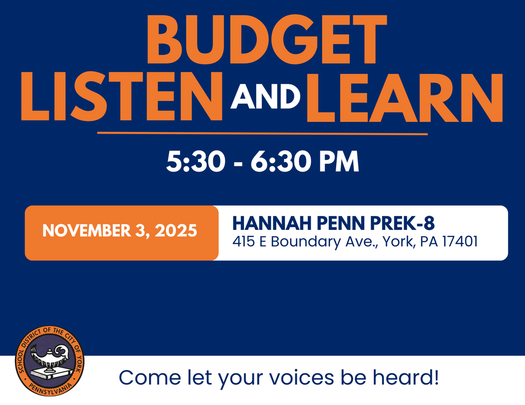 Event announcement for "Budget Listen and Learn" Meeting on November 3, 2025, in York, PA. Join to share your input!