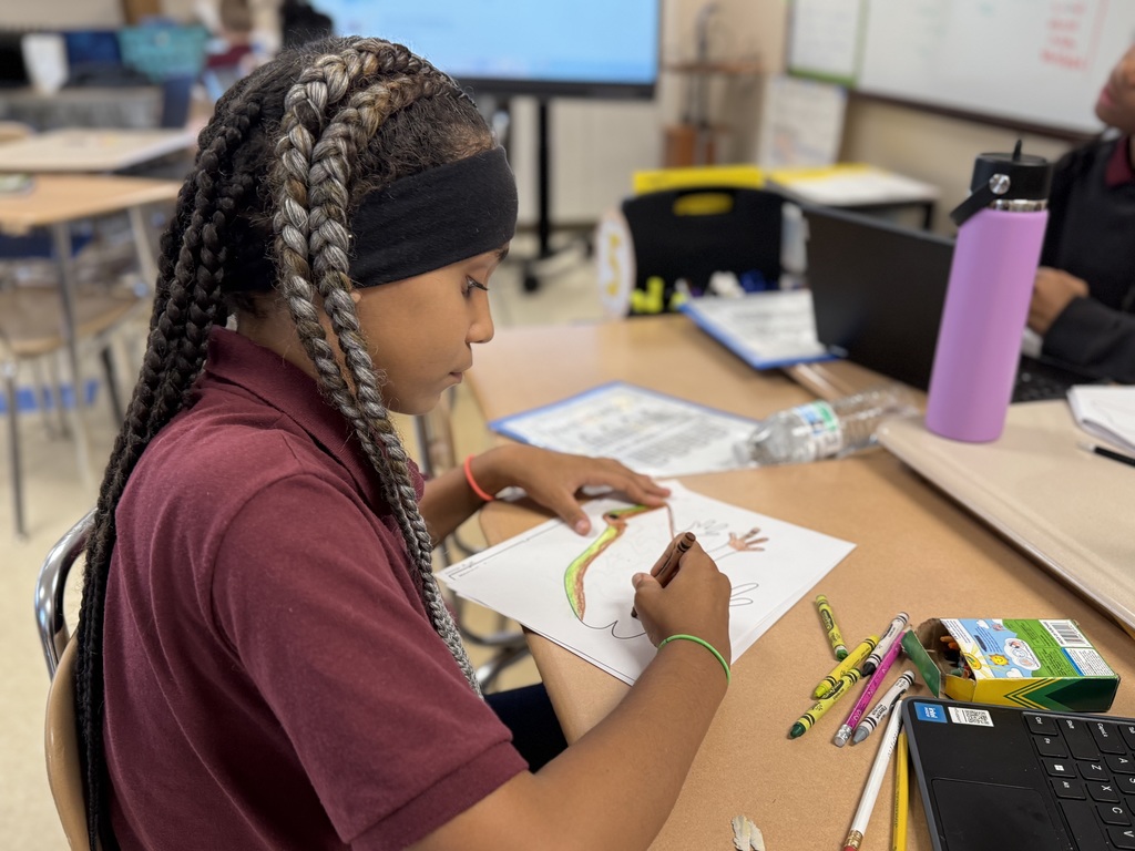 A student sitting at a desk in a classroom is coloring with crayons on a piece of paper. 
