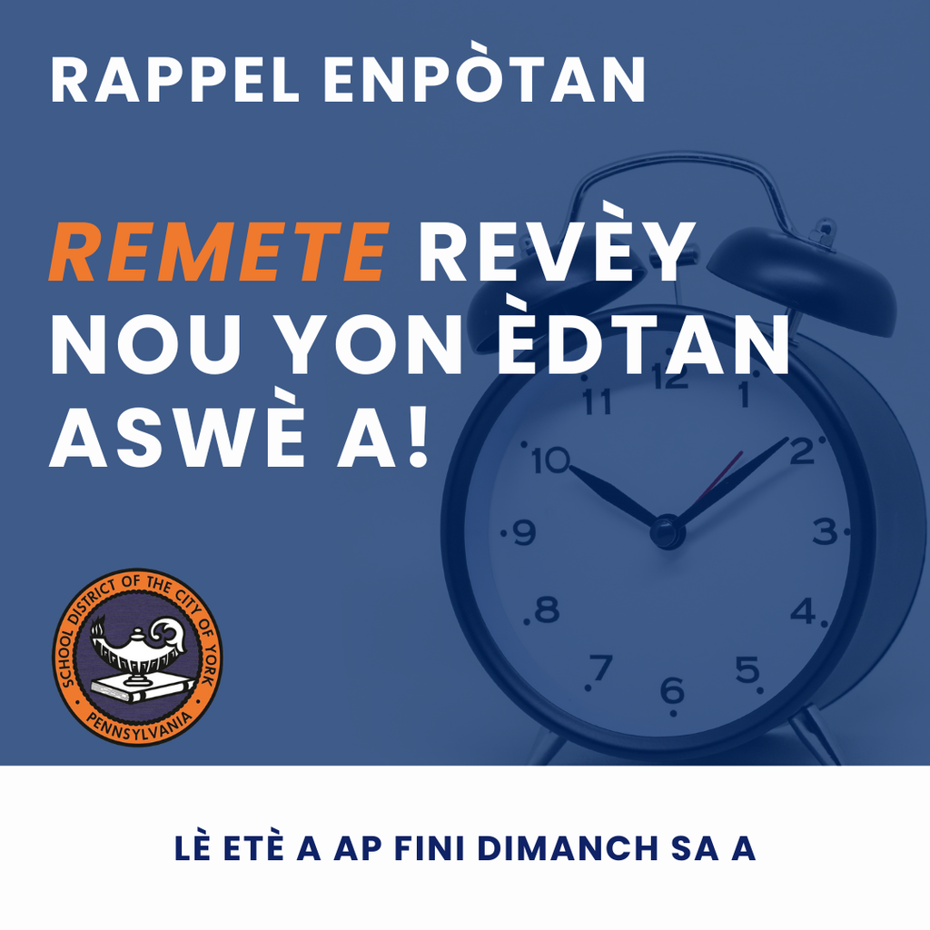 Reminder graphic advising to turn clocks back one hour for Daylight Saving Time ending this Sunday, with a clock image and the School District of the City of York's logo.