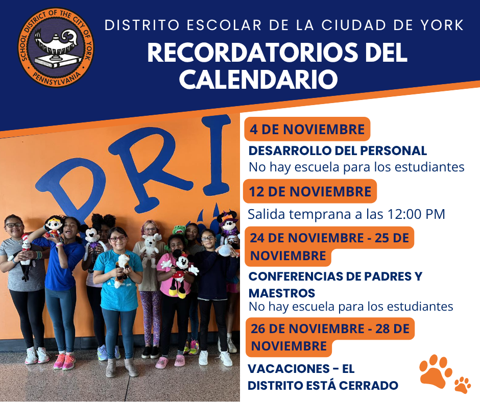 November calendar reminders for the School District of the City of York, shown against an orange and blue background. A group of smiling children are holding plush toys.
