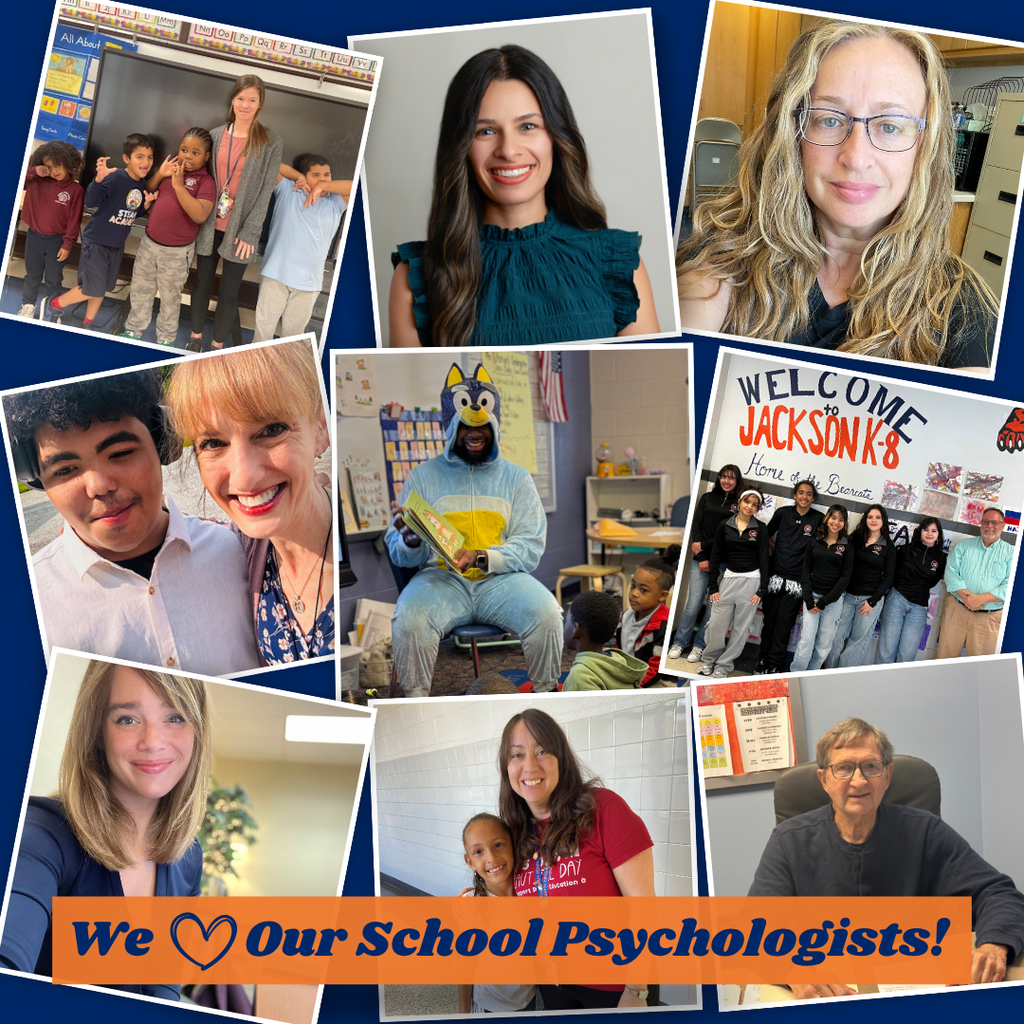 Collage of the School District of the City of York's school psychologists and students, featuring group and individual photos. Text below reads, "We love our school psychologists!"