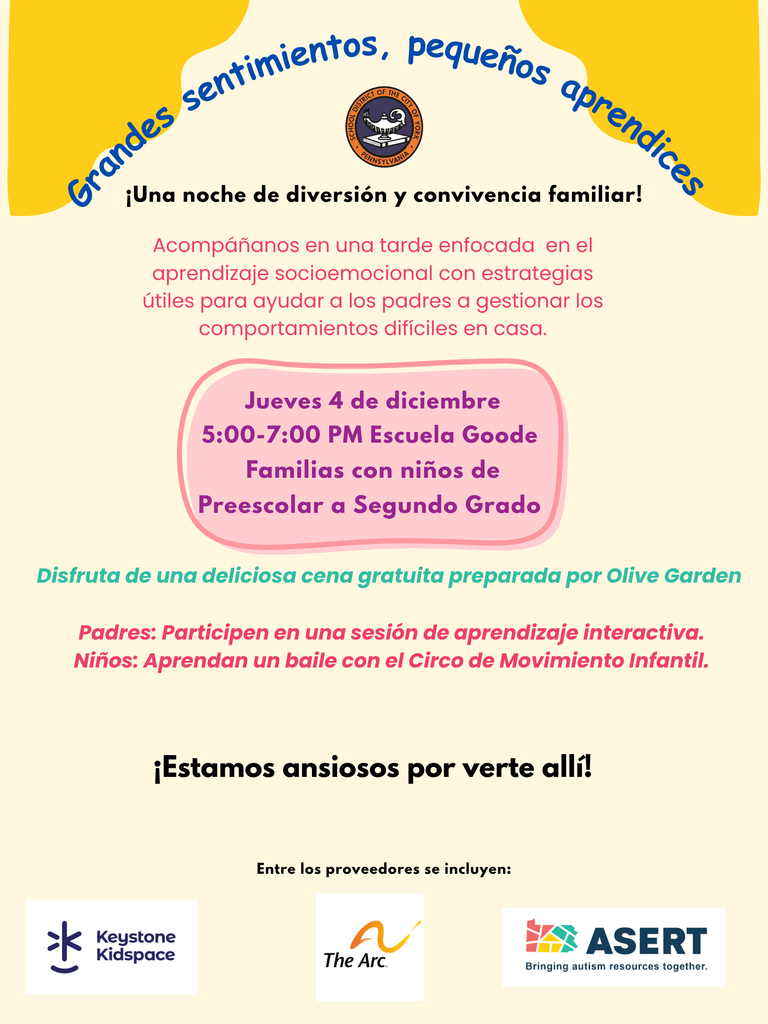 Flyer titled 'Big Feelings, Little Learners' invites families to an event on December 4th, 5-7 PM, at Goode School. Includes a free Olive Garden dinner, interactive learning session, and dance fun with Children's Movement Circus.