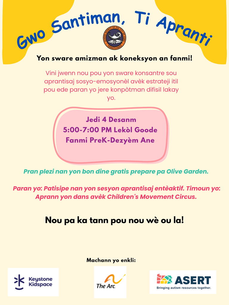 Flyer titled 'Big Feelings, Little Learners' invites families to an event on December 4th, 5-7 PM, at Goode School. Includes a free Olive Garden dinner, interactive learning session, and dance fun with Children's Movement Circus.