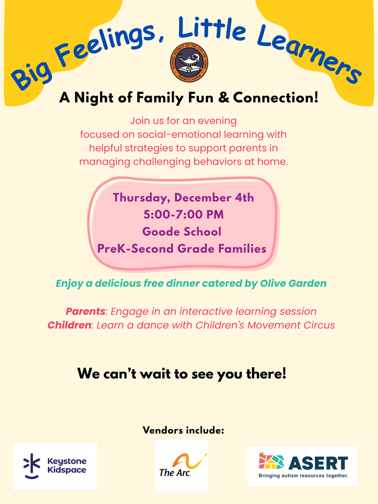 Flyer titled 'Big Feelings, Little Learners' invites families to an event on December 4th, 5-7 PM, at Goode School. Includes a free Olive Garden dinner, interactive learning session, and dance fun with Children's Movement Circus.