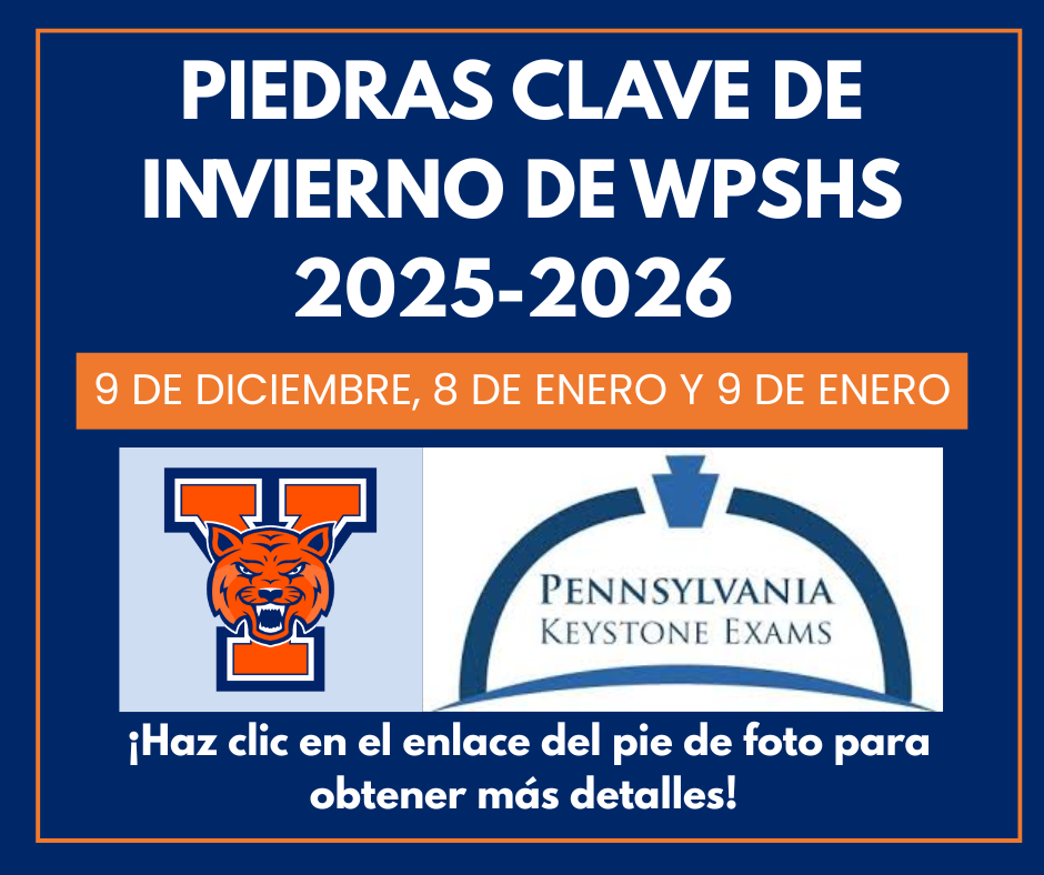 2025-2026 Winter Keystone exams dates for William Penn Senior High School: December 9, January 8, and January 9. Includes William Penn Senior High School's logo and the Pennsylvania Keystone Exams logo. There is text at the bottom that says "Click the link in the caption for more details!"