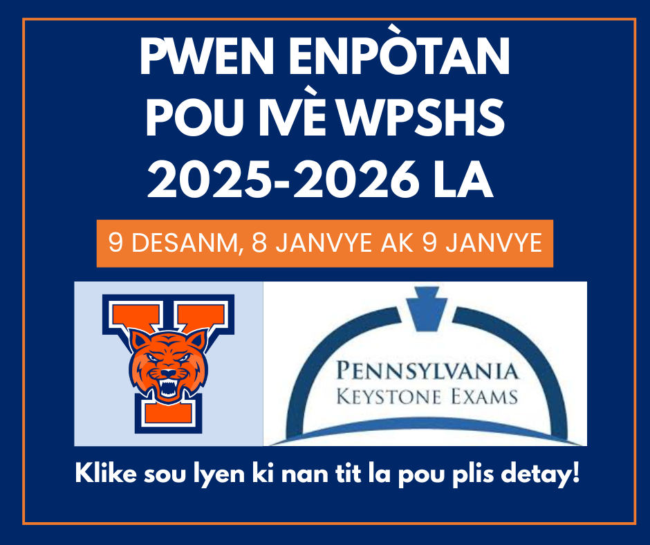 2025-2026 Winter Keystone exams dates for William Penn Senior High School: December 9, January 8, and January 9. Includes William Penn Senior High School's logo and the Pennsylvania Keystone Exams logo. There is text at the bottom that says "Click the link in the caption for more details!"