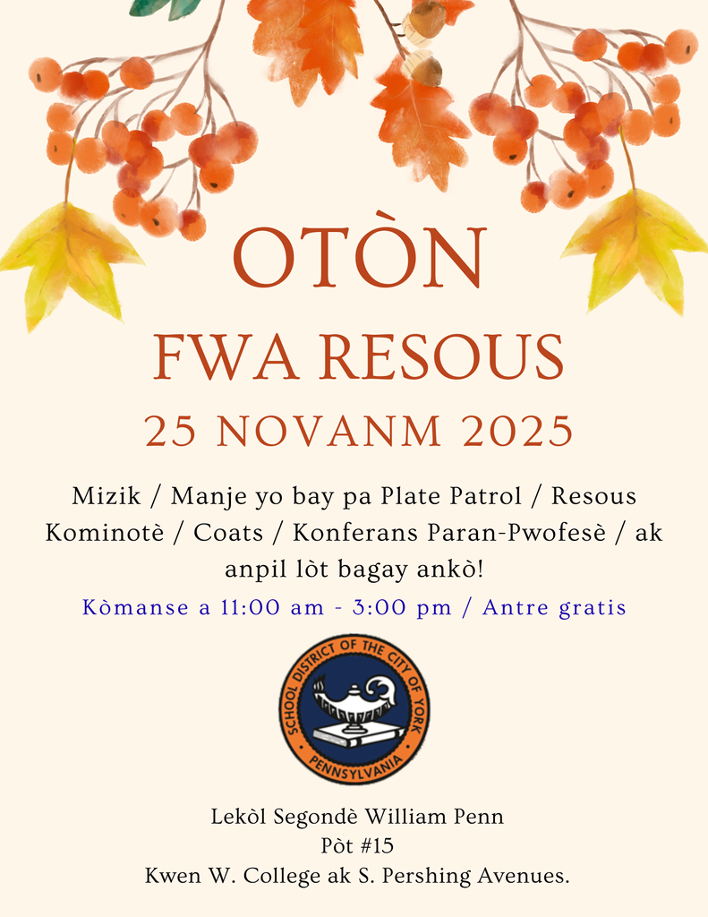 Fall-themed flyer for William Penn Senior High School's Fall Resource Fair on November 25, 2025. Details include free entry, music, food, and community resources.