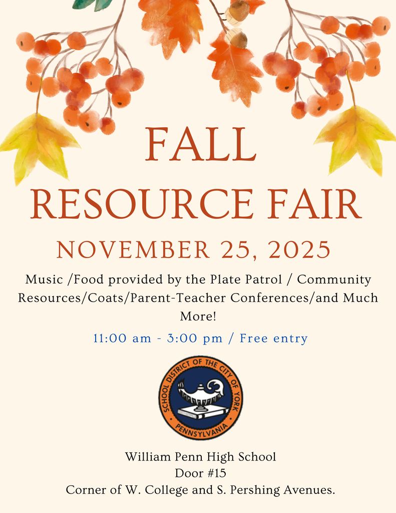 Fall-themed flyer for William Penn Senior High School's Fall Resource Fair on November 25, 2025. Details include free entry, music, food, and community resources.
