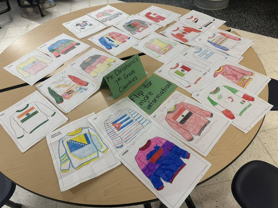 Round table displaying colorful, hand-drawn sweater designs representing different countries, with a sign reading "Mr. Christiano's 7th Grade Countries."