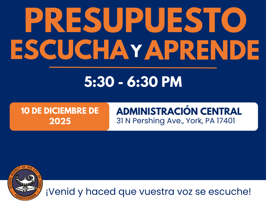 Event announcement for the School District of the City of York's "Budget Listen and Learn" Meeting on December 10, 2025, in York, PA. Join to share your input!