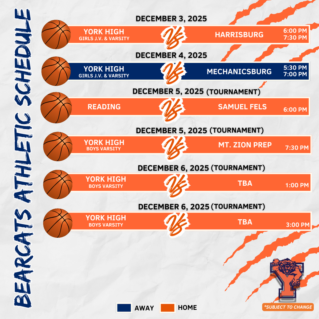 Bearcats Athletic Schedule for the School District of the City of York. 