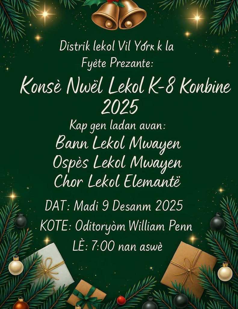 Festive holiday concert flyer for the School District of the City of York's K-8 Holiday Concert with evergreen garlands, ornaments, and bells on a green background. Includes date and time: Tuesday, December 9, 2025, 7:00 PM in the William Penn Auditorium.