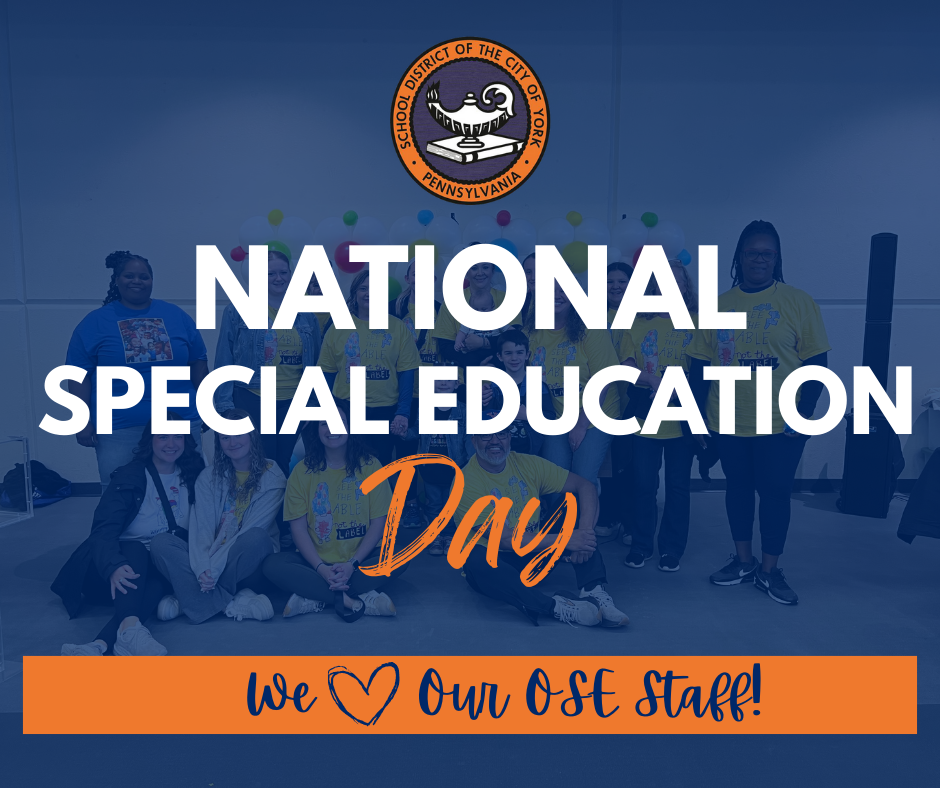 Group of people wearing yellow shirts are posing in the background with a text that says "National Special Education Day." A banner can be seen below which reads "We love Our OSE Staff!"