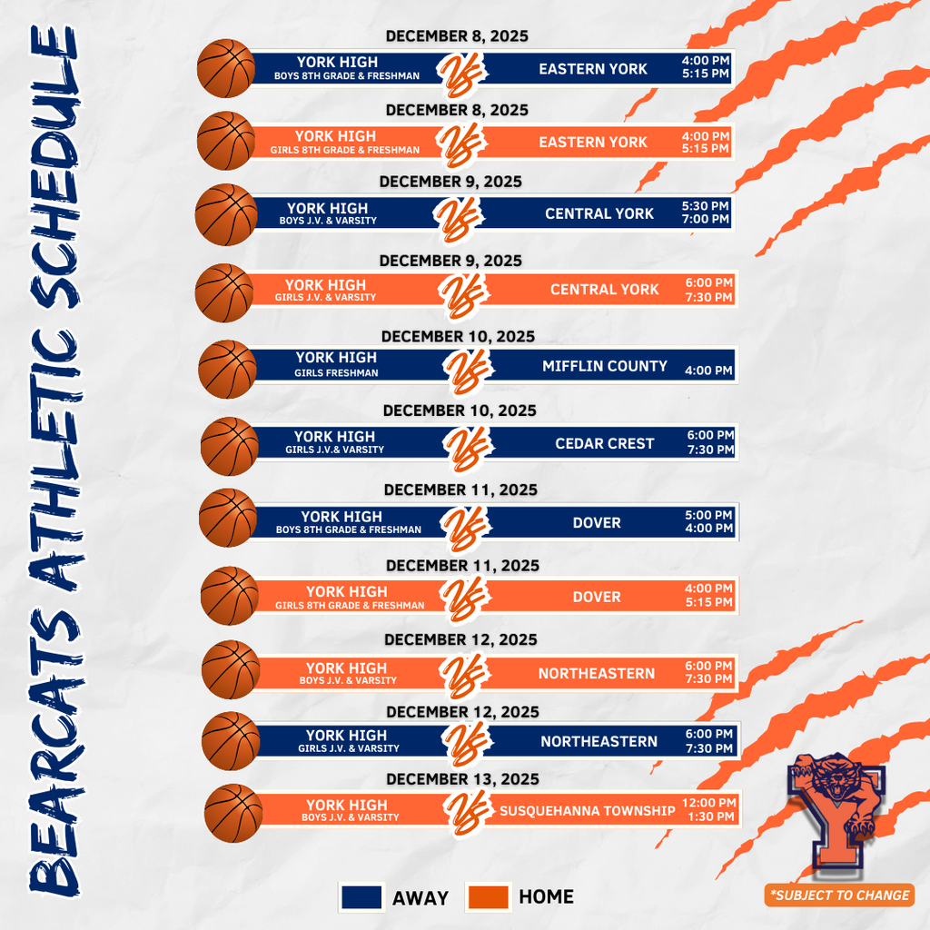 Bearcats Athletic Schedule for the School District of the City of York.