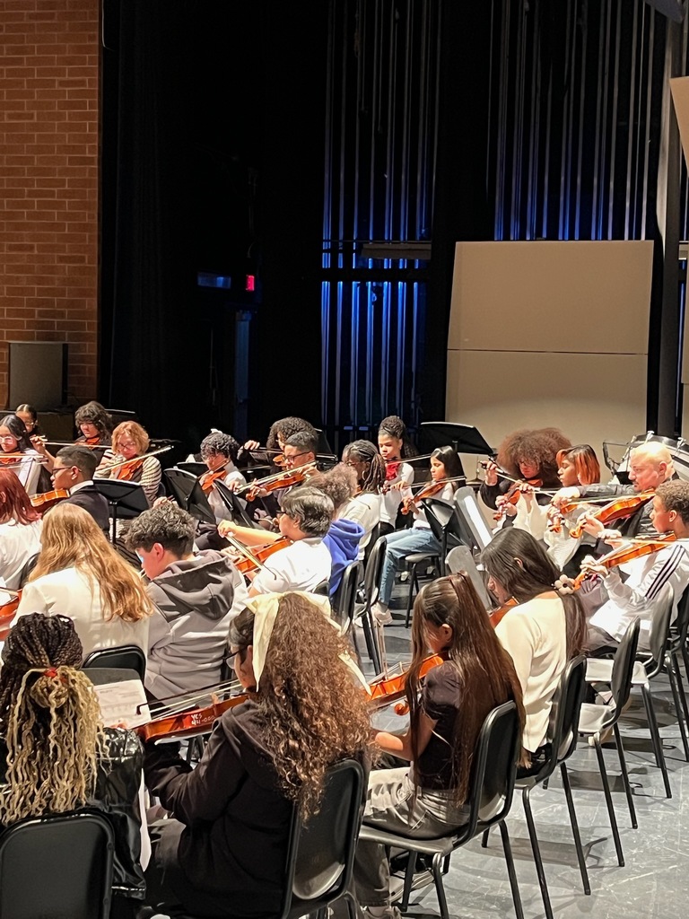 A group of student musicians in a concert setting are playing string instruments, including violins and cellos.