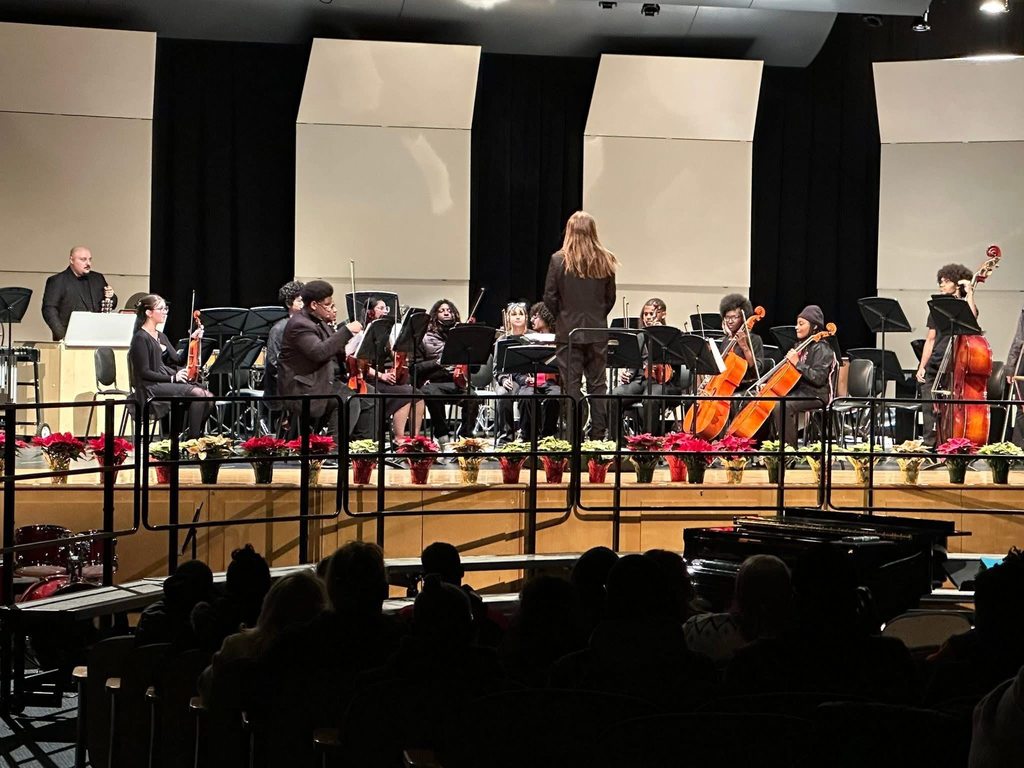 A symphony orchestra on stage, musicians with string instruments, a conductor in motion in a concert setting. Red poinsettias line the stage for a festive mood.