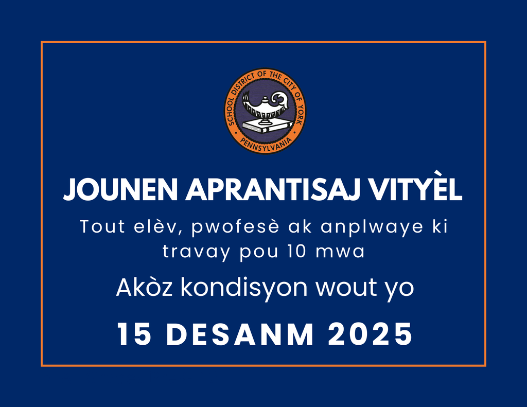 A graphic stating a "Virtual Learning Day" for the School District of the City of York's students, teachers and 10-month employees on December 15, 2025, due to road conditions. The School District of the City of York's logo is displayed at the top of the graphic.