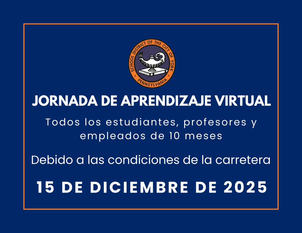 A graphic stating a "Virtual Learning Day" for the School District of the City of York's students, teachers and 10-month employees on December 15, 2025, due to road conditions. The School District of the City of York's logo is displayed at the top of the graphic.