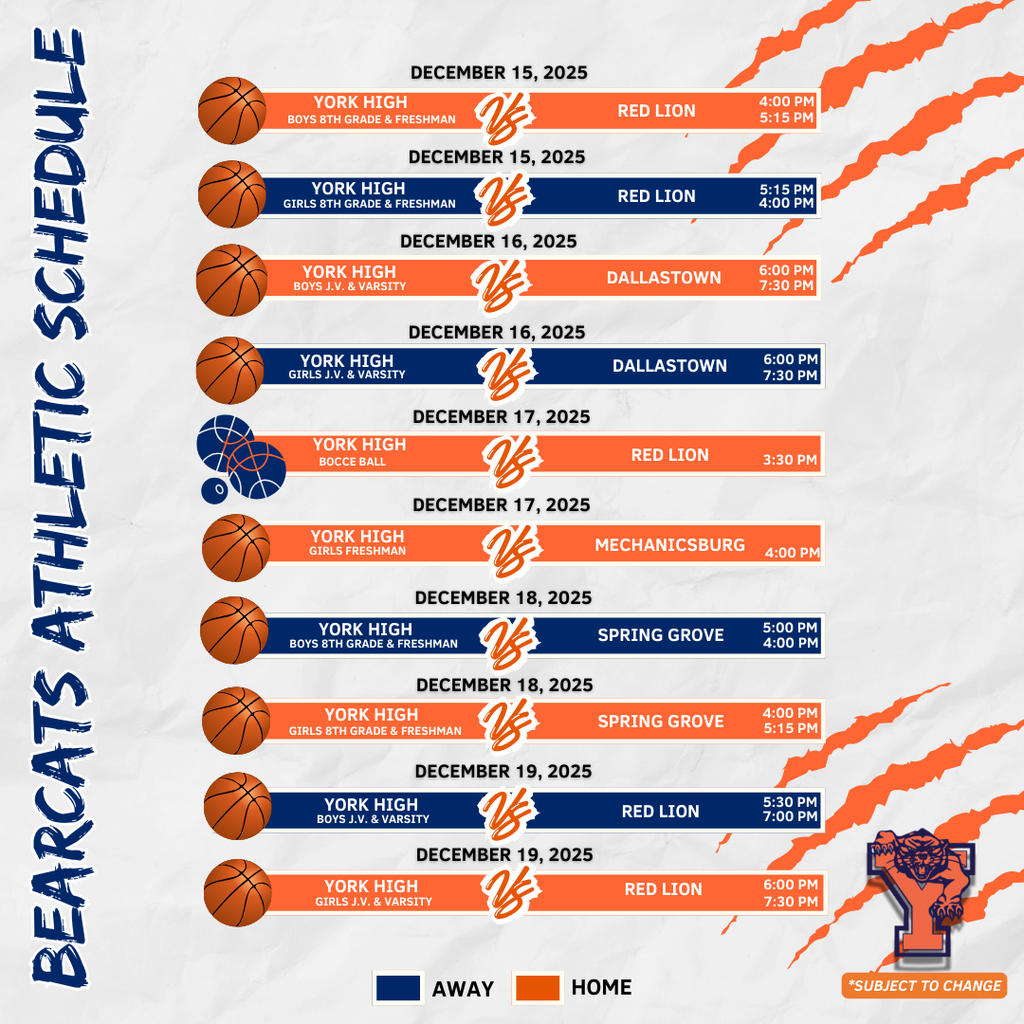 Bearcats Athletic Schedule for the School District of the City of York.