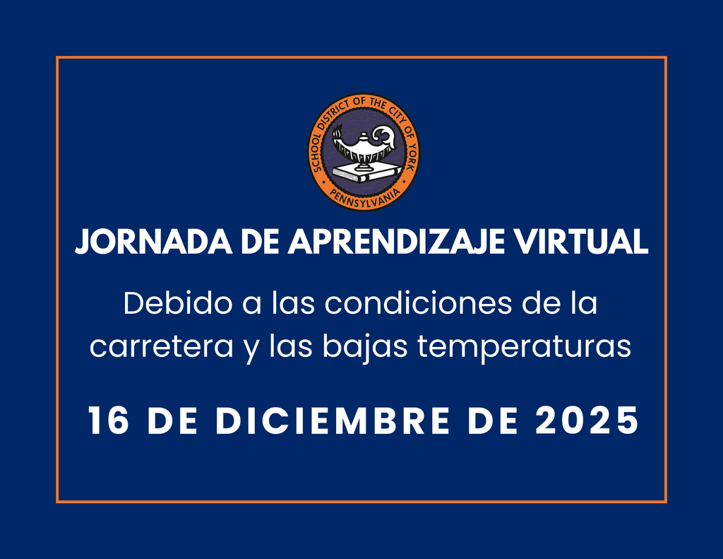 A graphic stating a "Virtual Learning Day" for the School District of the City of York on December 16, 2025, due to road conditions and low temperatures. The School District of the City of York's logo is displayed at the top of the graphic.