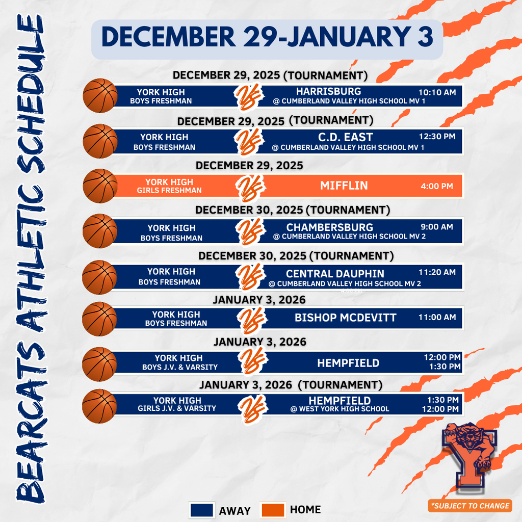 Bearcats Athletic Schedule for the School District of the City of York.