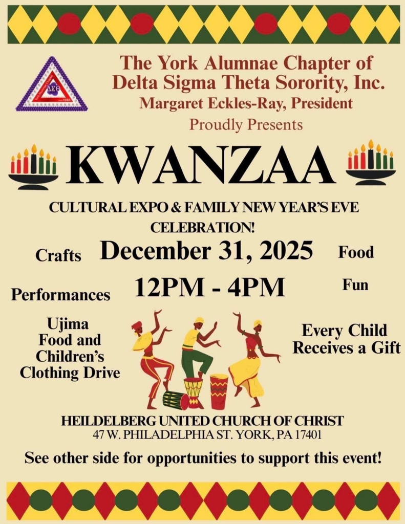 Kwanzaa celebration flyer for December 31, 2025, 12-4 PM at Heidelberg Church, York, PA. Features crafts, food, performances, and gifts for children. Colorful African motifs are depicted.
