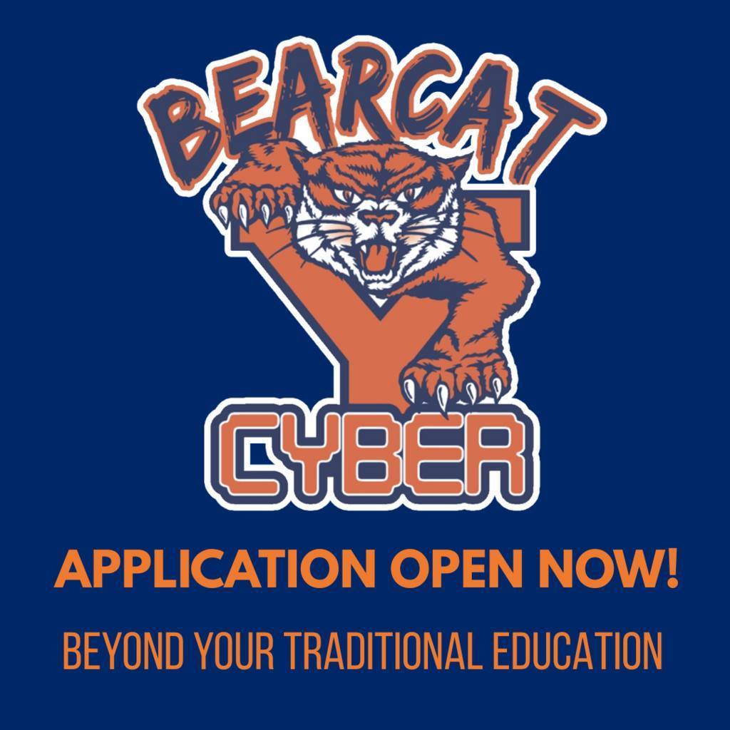 Orange and blue bearcat with paws on "Y," above the word "Cyber" and below the word "Bearcat". Text: "Application Open Now! Beyond Your Traditional Education" on blue background.