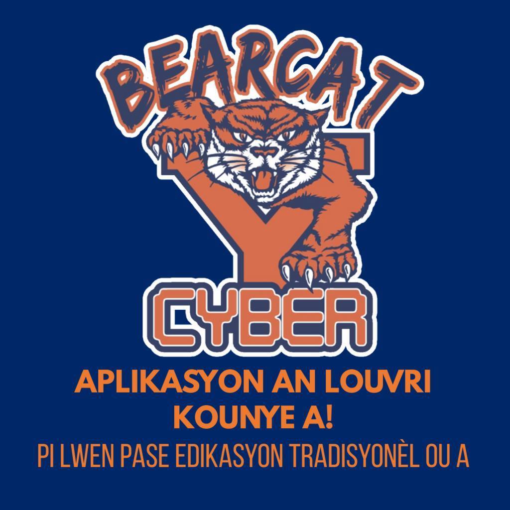 Orange and blue bearcat with paws on "Y," above the word "Cyber" and below the word "Bearcat". Text: "Application Open Now! Beyond Your Traditional Education" on blue background.