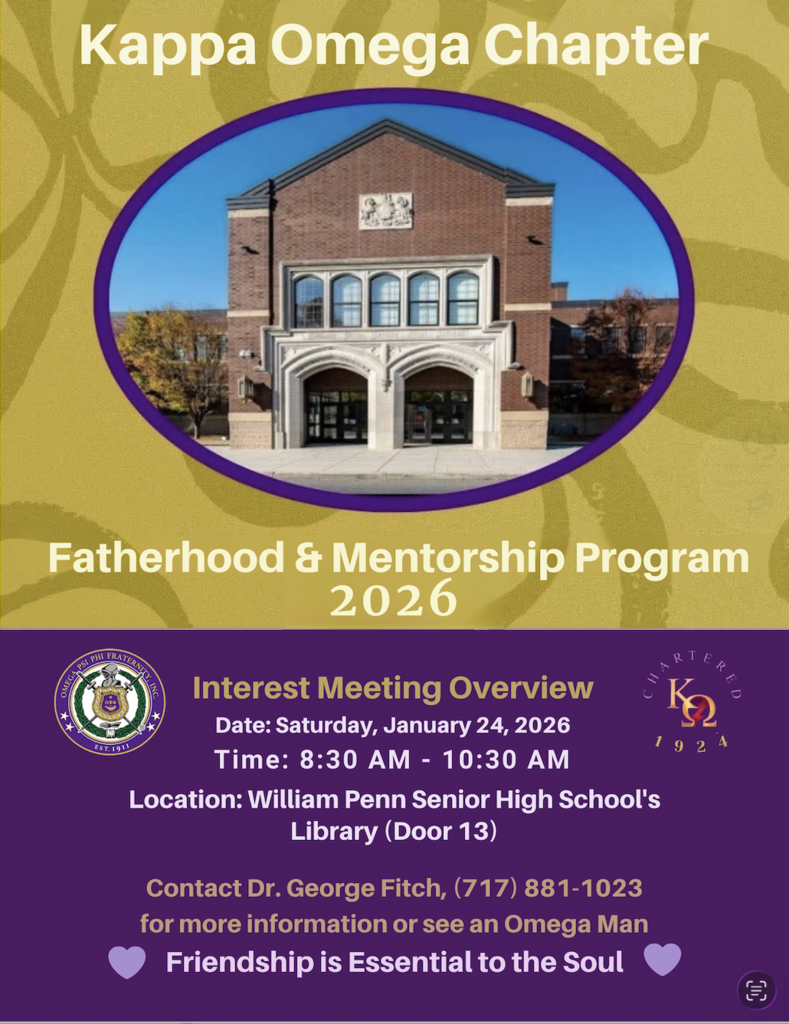 Kappa Omega Chapter's Fatherhood & Mentorship Program 2026 flyer. Features a picture of William Penn Senior High School and event details such as the date, time, location and contact information.