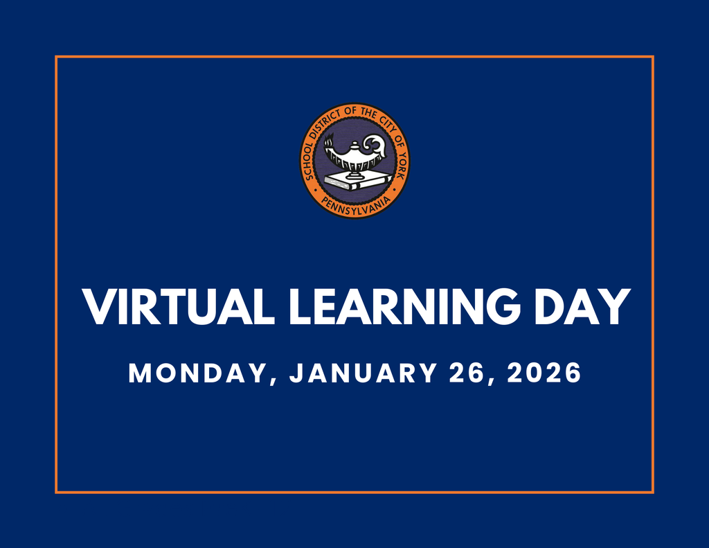 Blue background with the School District of the City of York's logo at the top. Text reads "Virtual Learning Day, Monday, January 26, 2026" in bold white letters.