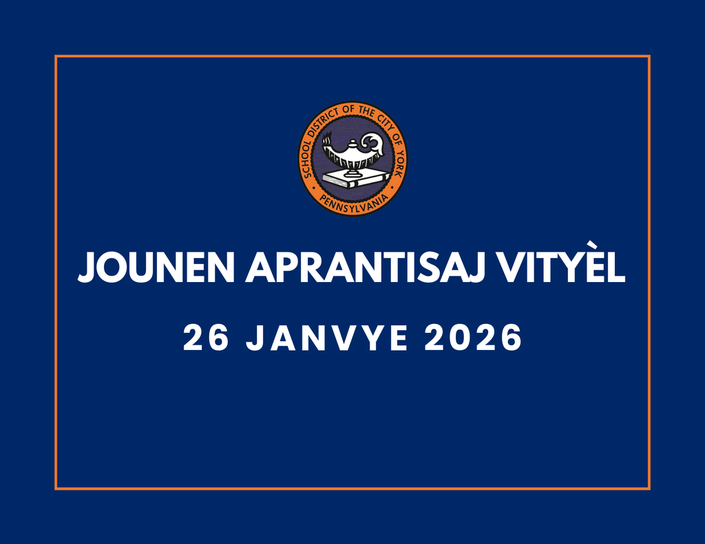 Blue background with the School District of the City of York's logo at the top. Text reads "Virtual Learning Day, Monday, January 26, 2026" in bold white letters.