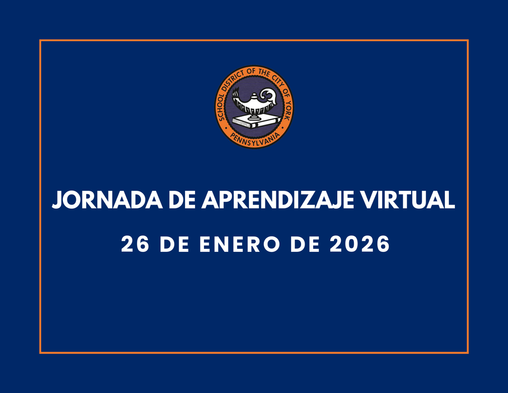 Blue background with the School District of the City of York's logo at the top. Text reads "Virtual Learning Day, Monday, January 26, 2026" in bold white letters.