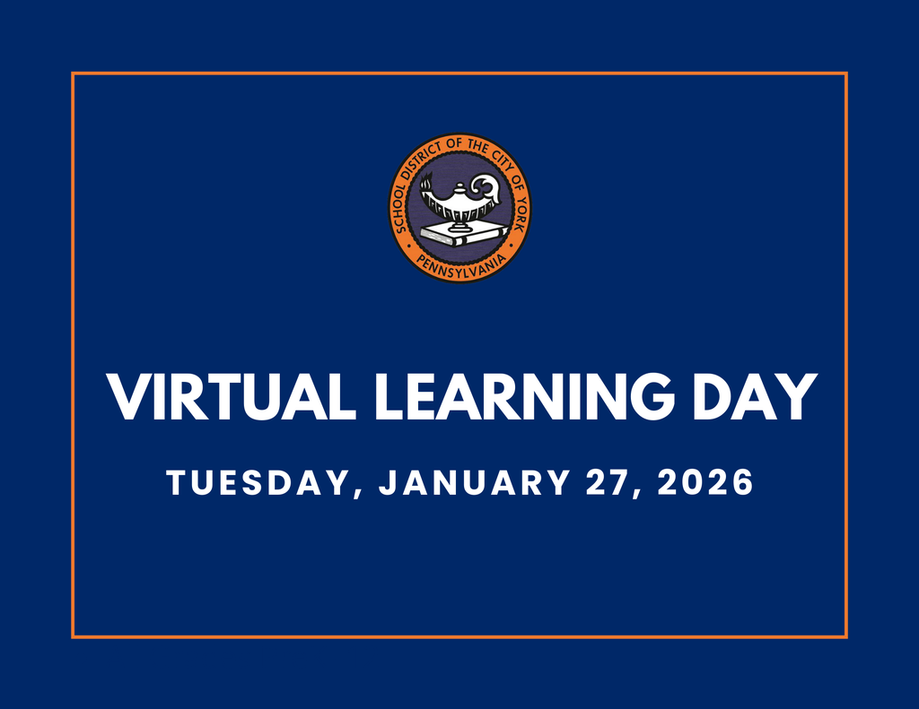 Blue background with the School District of the City of York's logo at the top. Text reads "Virtual Learning Day, Tuesday, January 27, 2026" in bold white letters.