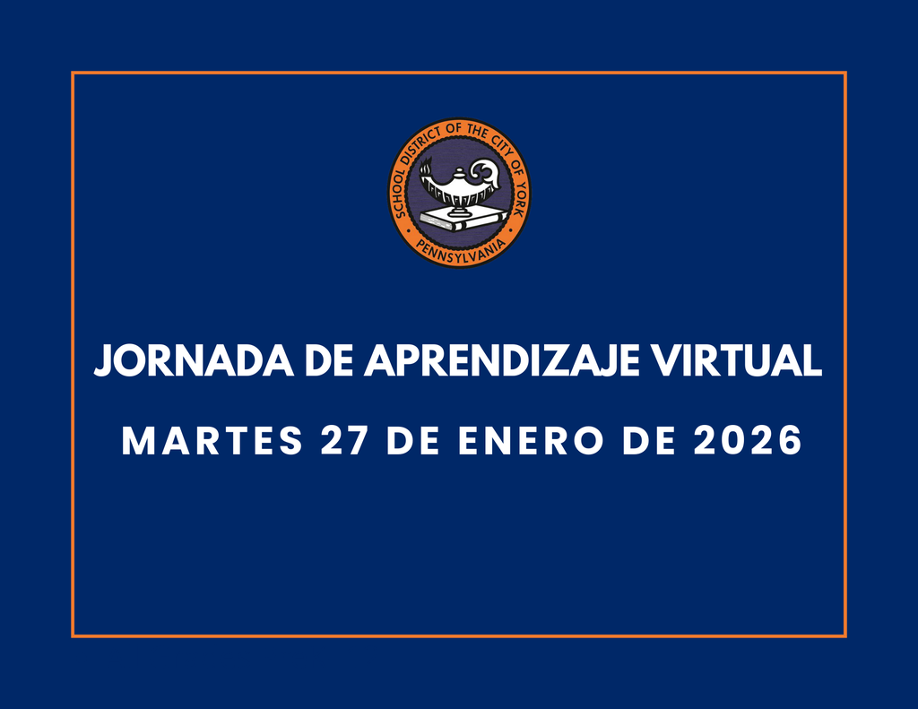 Blue background with the School District of the City of York's logo at the top. Text reads "Virtual Learning Day, Tuesday, January 27, 2026" in bold white letters.