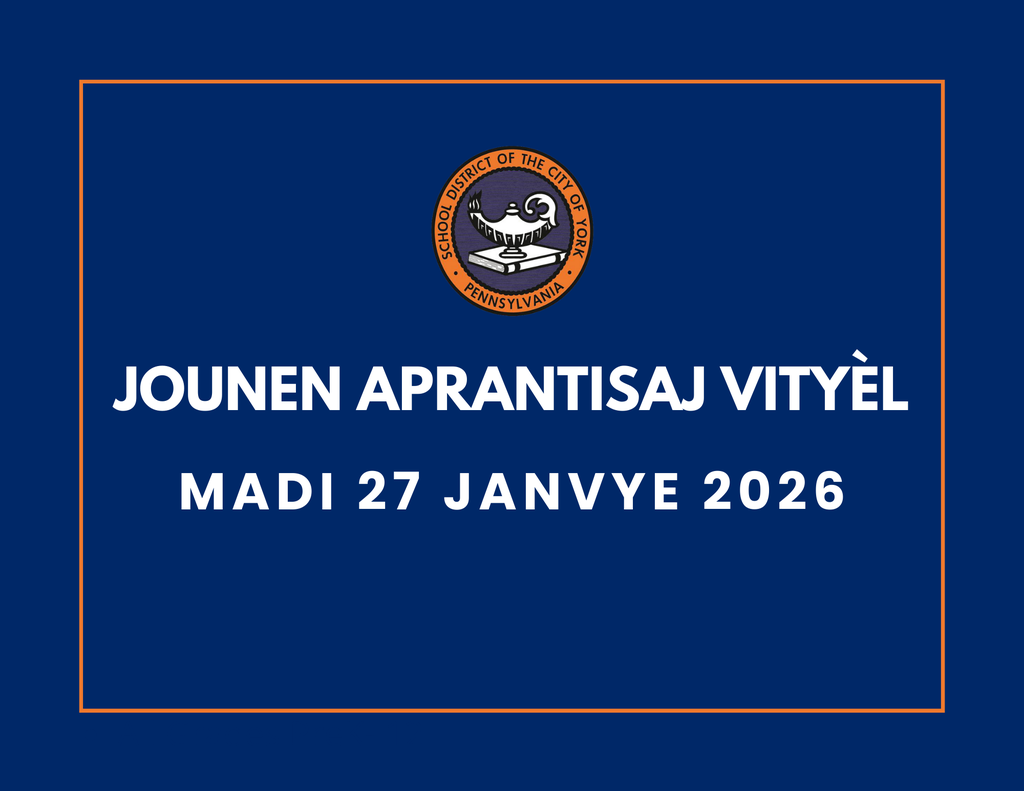 Blue background with the School District of the City of York's logo at the top. Text reads "Virtual Learning Day, Tuesday, January 27, 2026" in bold white letters.