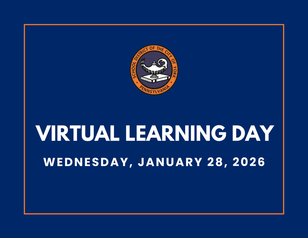 Blue background with the School District of the City of York's logo at the top. Text reads "Virtual Learning Day, Wednesday, January 28, 2026" in bold white letters.