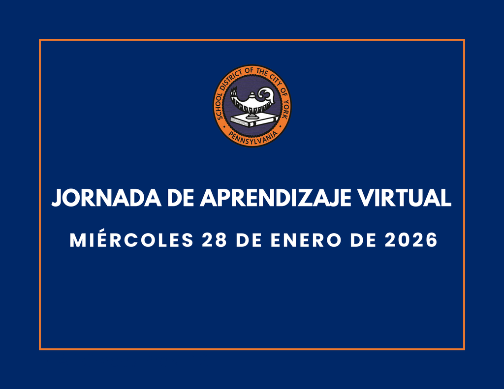Blue background with the School District of the City of York's logo at the top. Text reads "Virtual Learning Day, Wednesday, January 28, 2026" in bold white letters.
