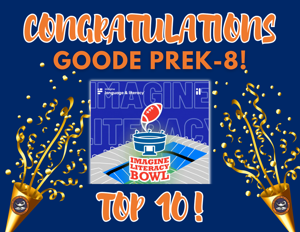 Celebratory graphic with text: "Congratulations Goode PreK-8! Top 10!" Features confetti, Imagine Literacy Bowl logo with football and stadium theme. The School District of the City of York's logo is located on both sides of the graphic.
