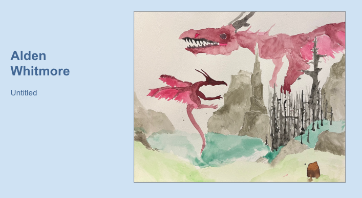 Artwork by student Alden Whitmore, featuring a watercolor painting depicts two pink dragons flying over a mountainous landscape. 