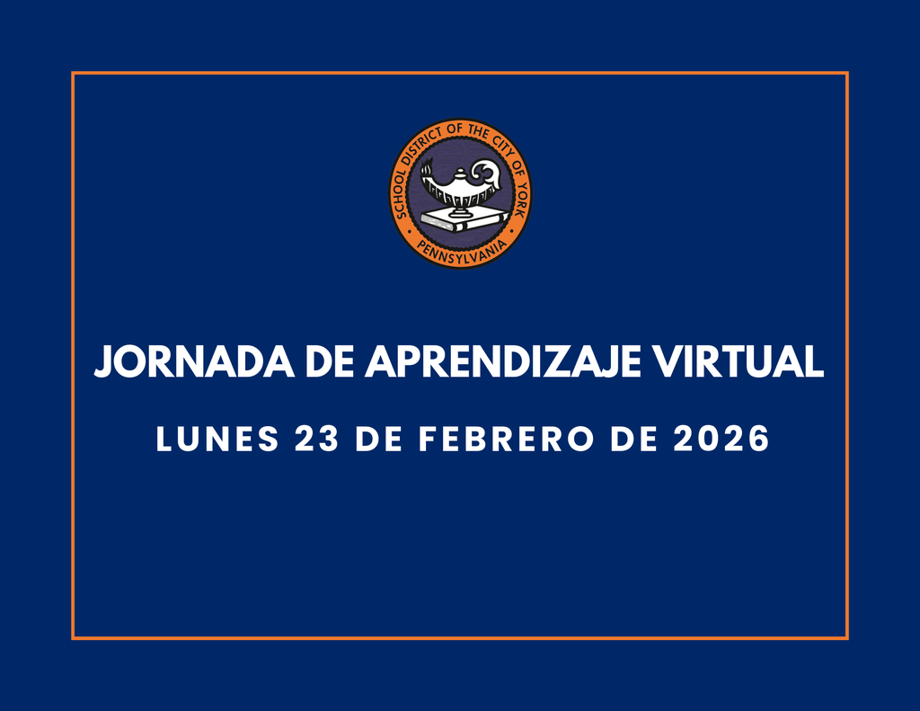 Blue background with the School District of the City of York's logo at the top. Text reads "Virtual Learning Day, Monday, February 23, 2026" in bold white letters.