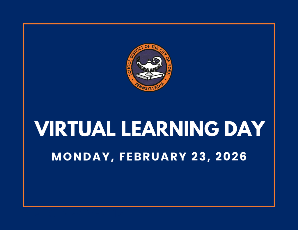 Blue background with the School District of the City of York's logo at the top. Text reads "Virtual Learning Day, Monday, February 23, 2026" in bold white letters.
