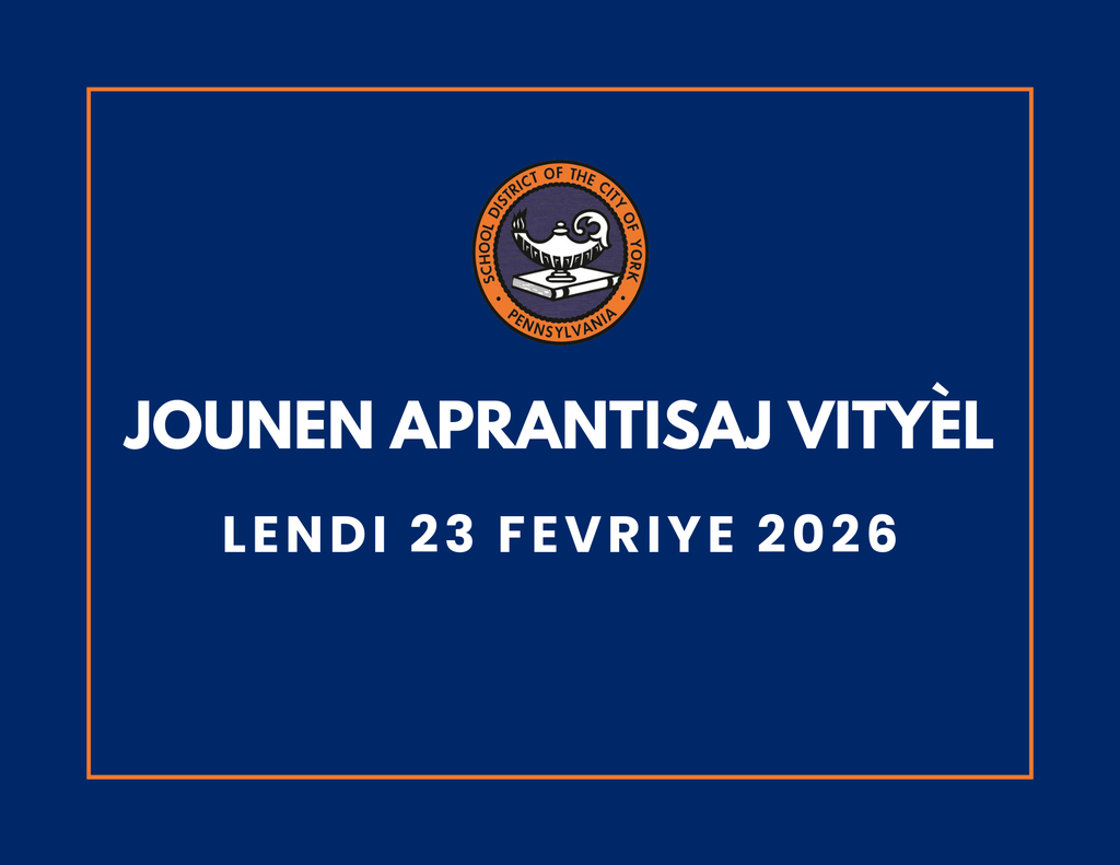 Blue background with the School District of the City of York's logo at the top. Text reads "Virtual Learning Day, Monday, February 23, 2026" in bold white letters.