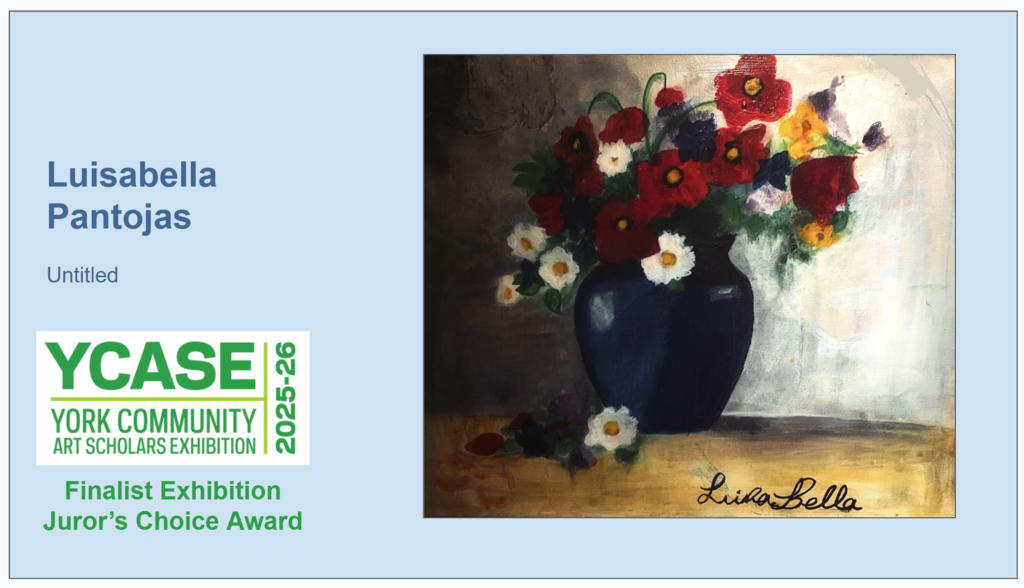 Colorful bouquet of flowers in a dark vase against a soft background. Artwork by William Penn Senior High School student, Luisabella Pantojas, Juror's Choice Award finalist.