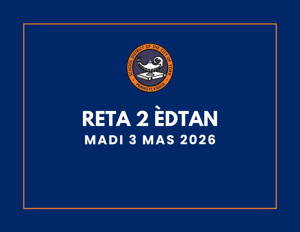 Blue background with the School District of the City of York's logo at the top. Text reads "2-Hour Delay, Tuesday, March 3, 2026" in bold white letters.